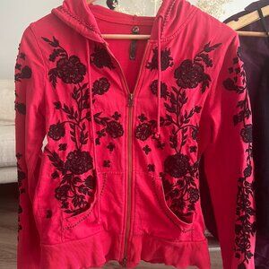 Free People Red Flower Embroidered 100% Cotton Jacket Medium